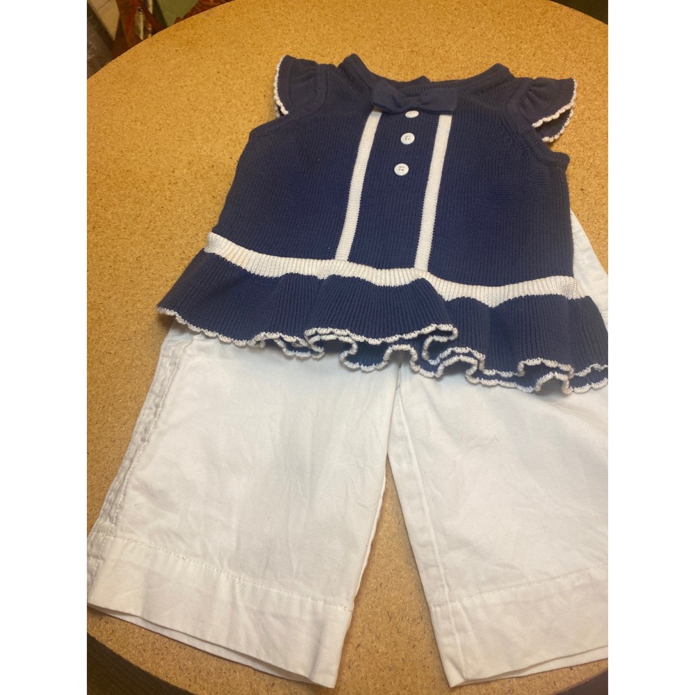 Ralph Lauren Baby Girl White Pants 9M & Janie&Jack Navy Knit Ruffle Top 3-6 mo